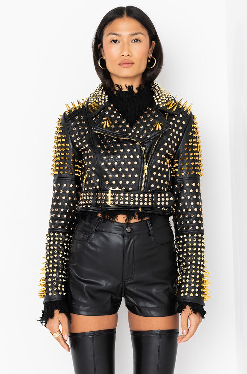 Detail View Lucifer Gold Spike Stud Moto Jacket