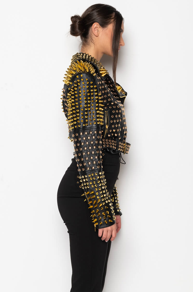 Detail View Lucifer Gold Spike Stud Moto Jacket