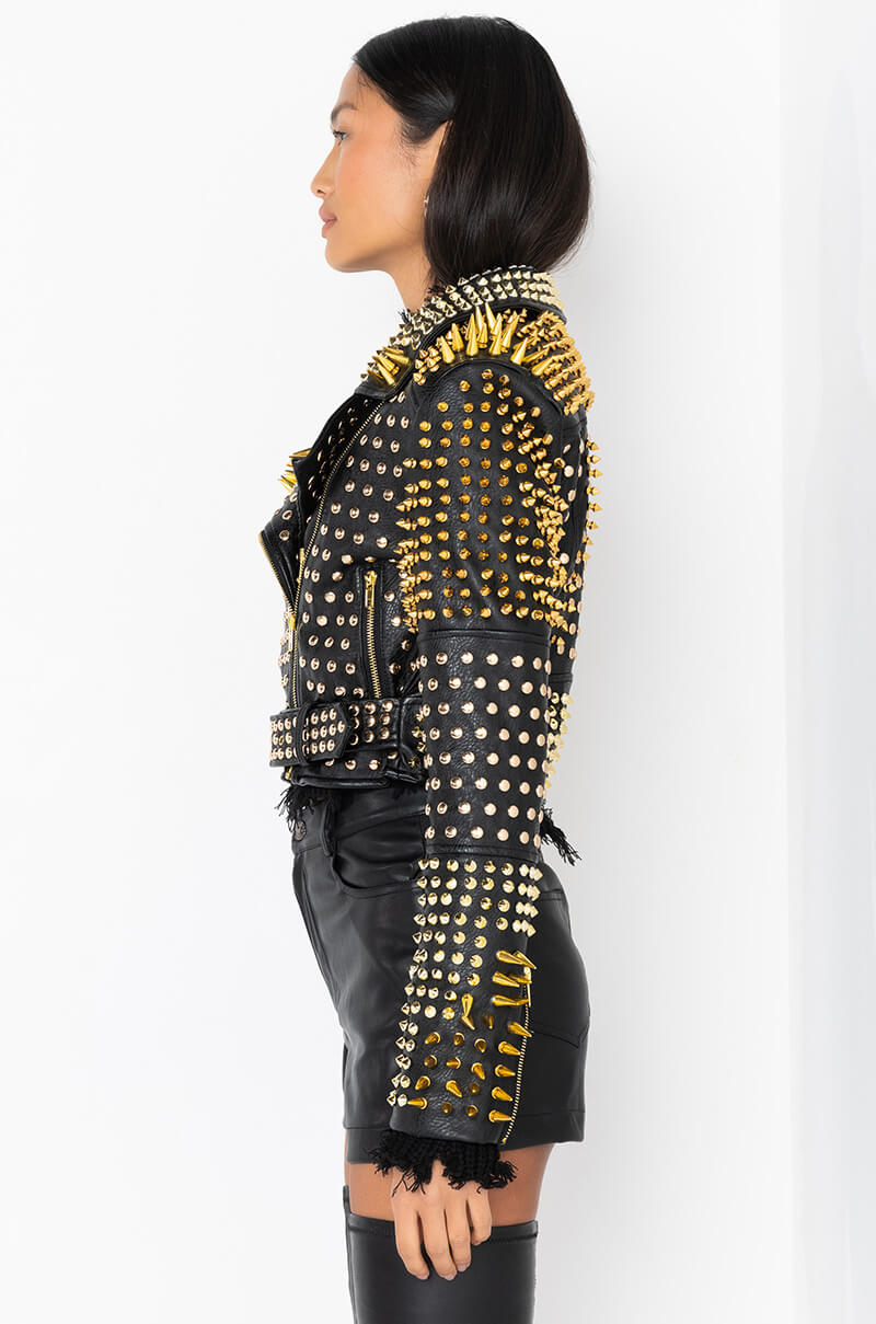 Full View Lucifer Gold Spike Stud Moto Jacket