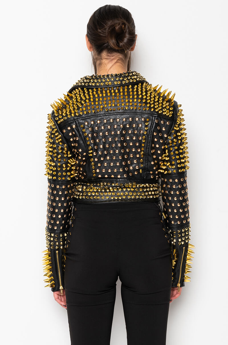 Full View Lucifer Gold Spike Stud Moto Jacket