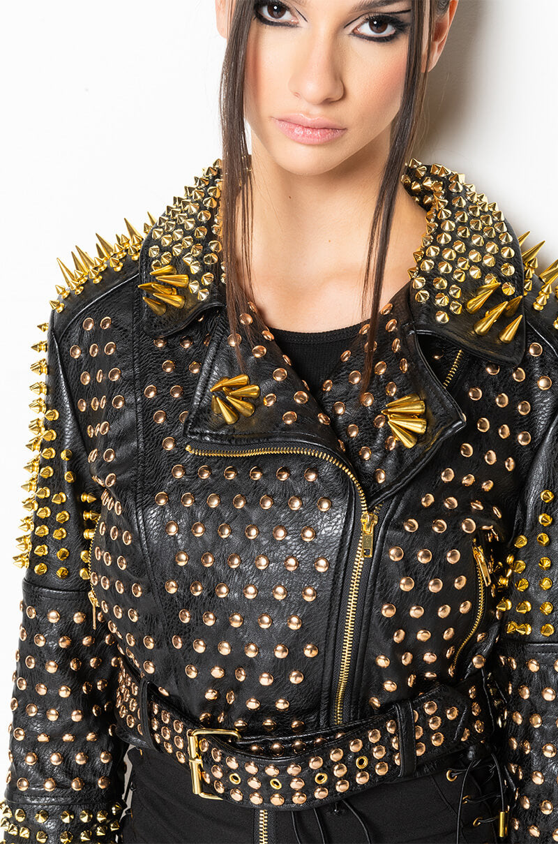 Extra View Lucifer Gold Spike Stud Moto Jacket