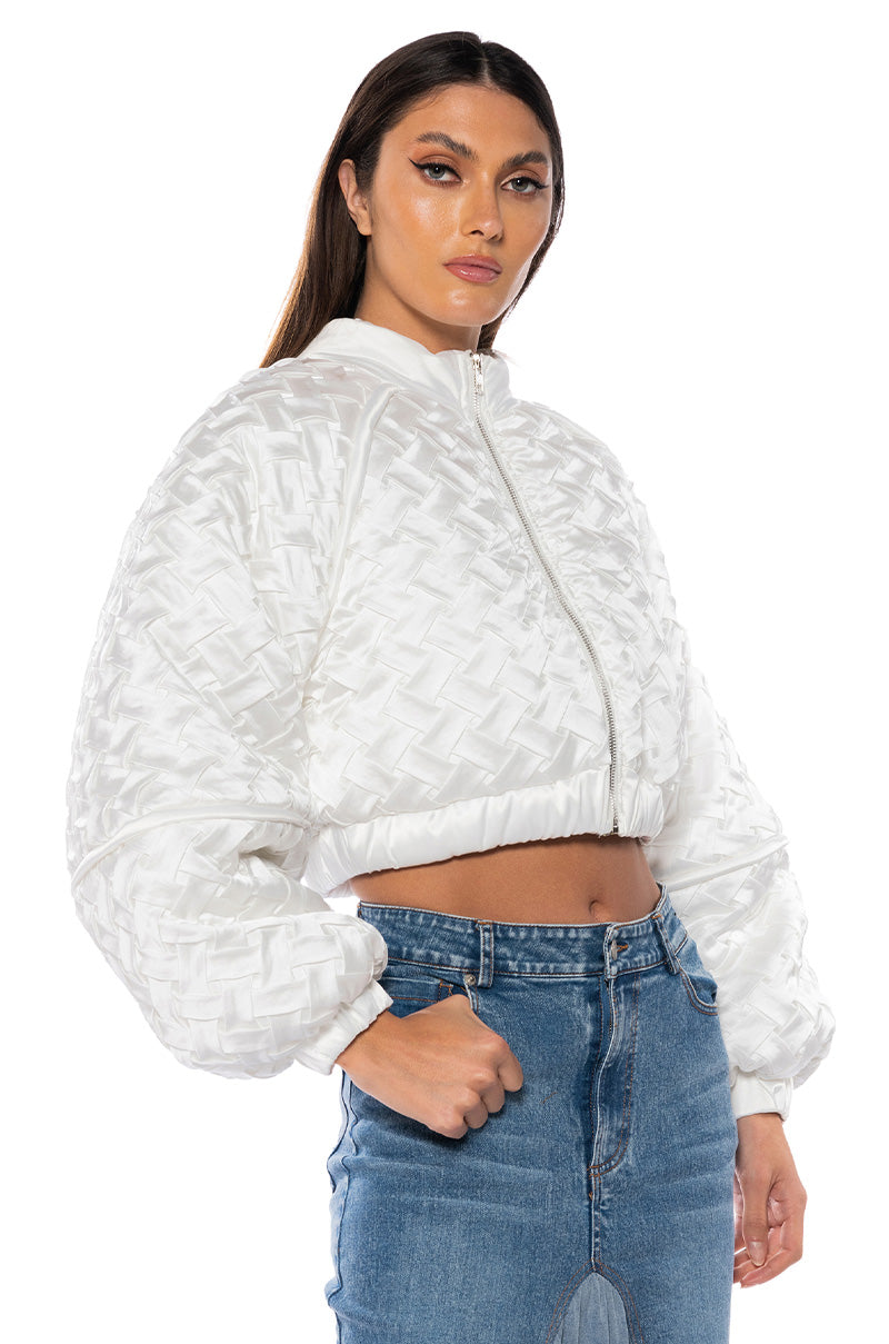 Side View Lucky Love Weave Detailed Bomber In White