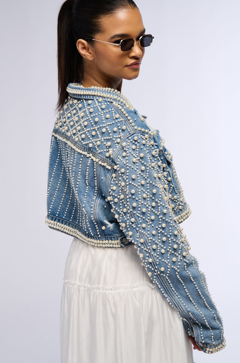 Back View Lucky You Cropped Pearl Denim Jacket