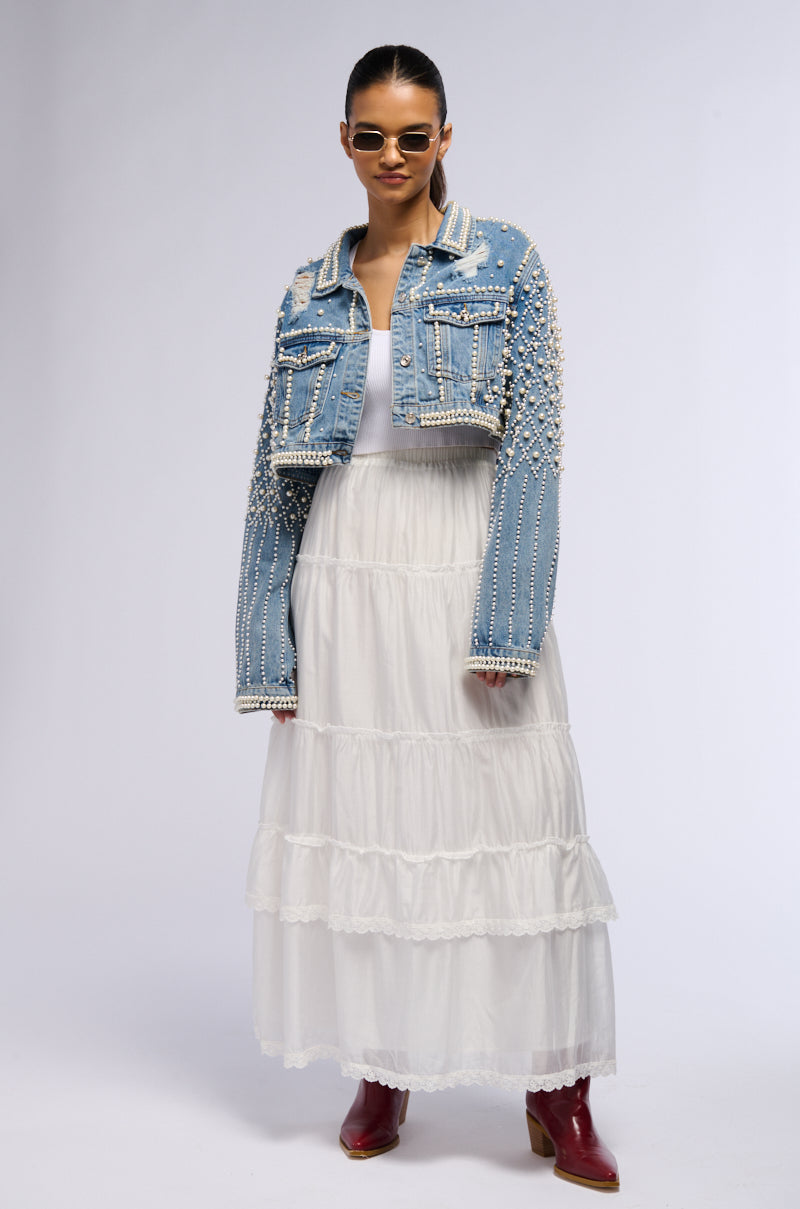 Extra View Lucky You Cropped Pearl Denim Jacket