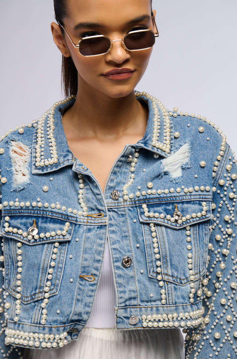 Extra View Lucky You Cropped Pearl Denim Jacket