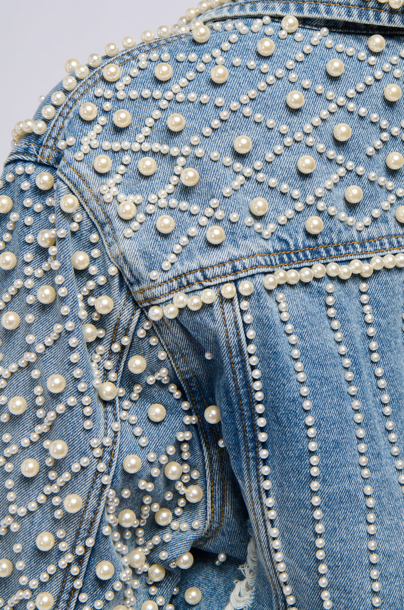 Extra View Lucky You Cropped Pearl Denim Jacket