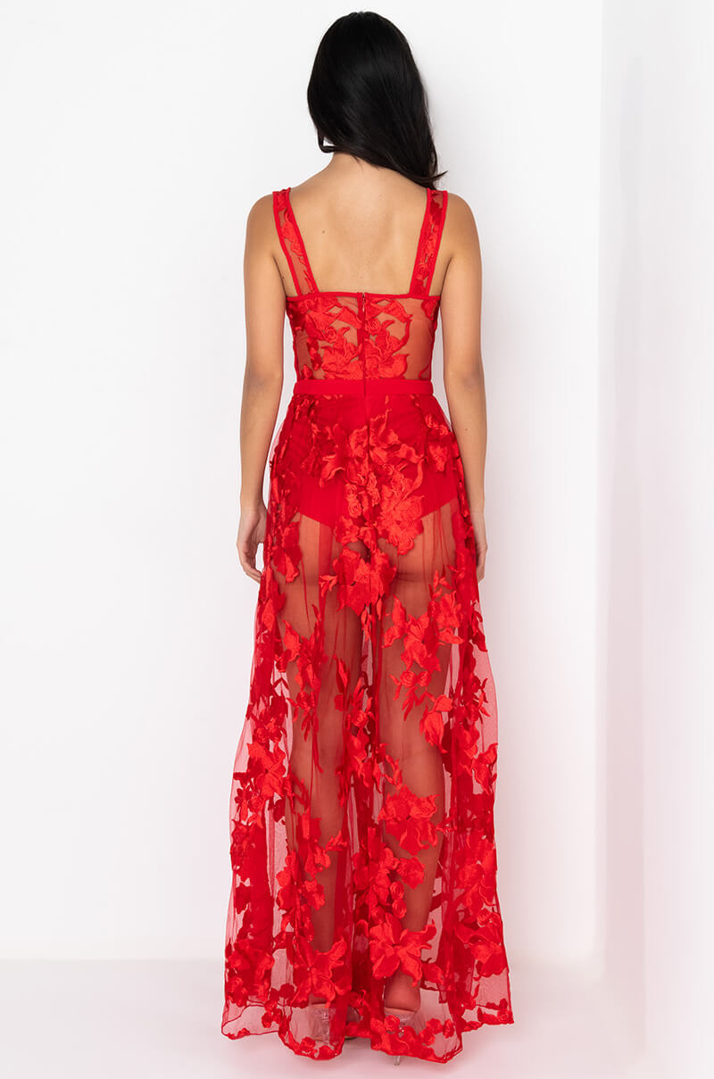 LUCY MAXI MESH DRESS WITH ATTACHED CORSET RED AKIRA LUCY MAXI MESH DRESS WITH ATTACHED CORSET RED AKIRA