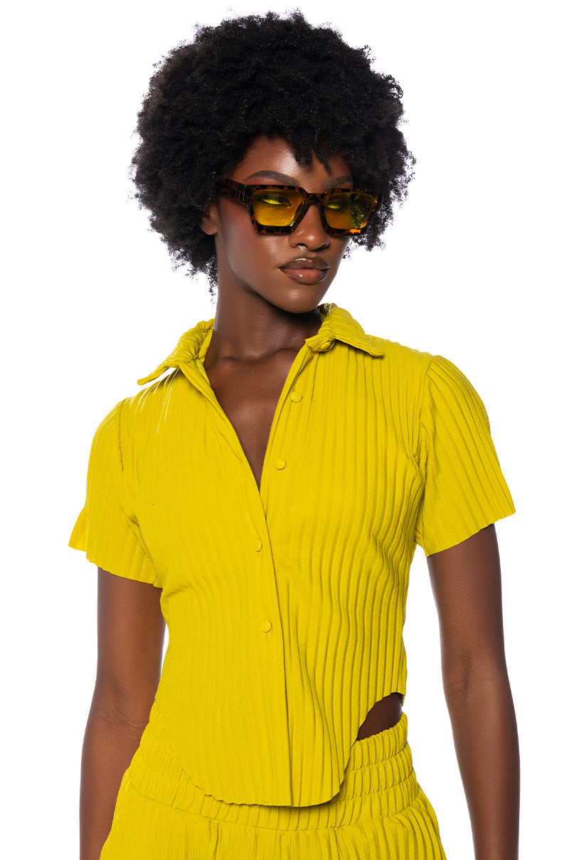 Front View Lucy Short Sleeve Button Down In Green