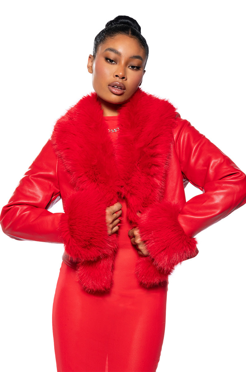 Front View Luna Crop Jacket With Fur Collar In Red