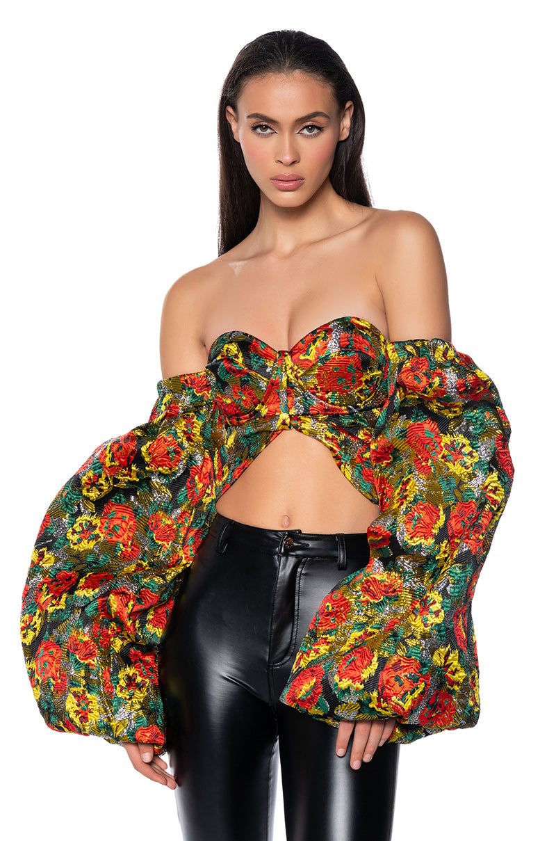 Front View Lush Gardens Off Shoulder Cropped Brocade Blouse In Green Multi