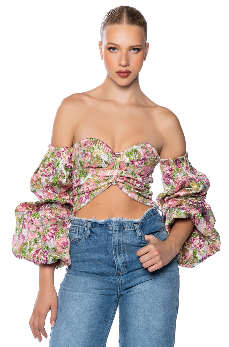 Front View Lush Gardens Off Shoulder Cropped Brocade Blouse
