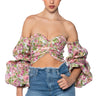 Front View Lush Gardens Off Shoulder Cropped Brocade Blouse