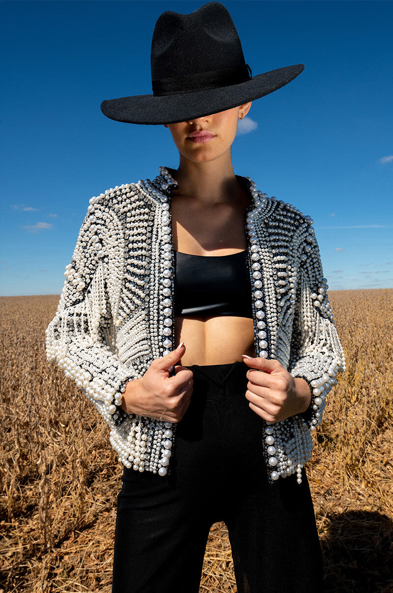 Side View Luxe All Over Pearl Alix Jacket