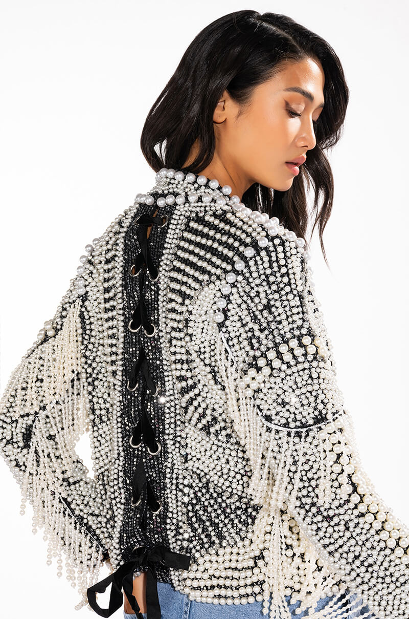 Side View Luxe All Over Pearl Alix Jacket