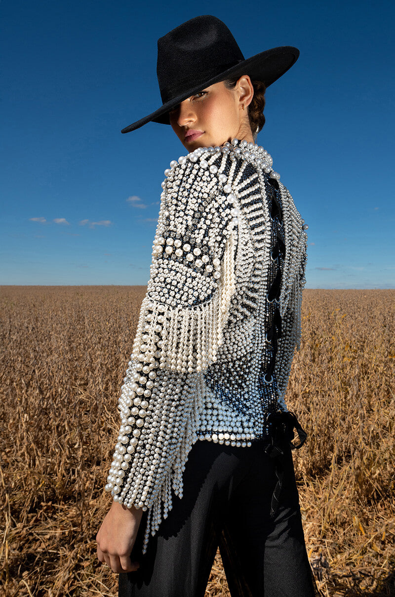 Back View Luxe All Over Pearl Alix Jacket