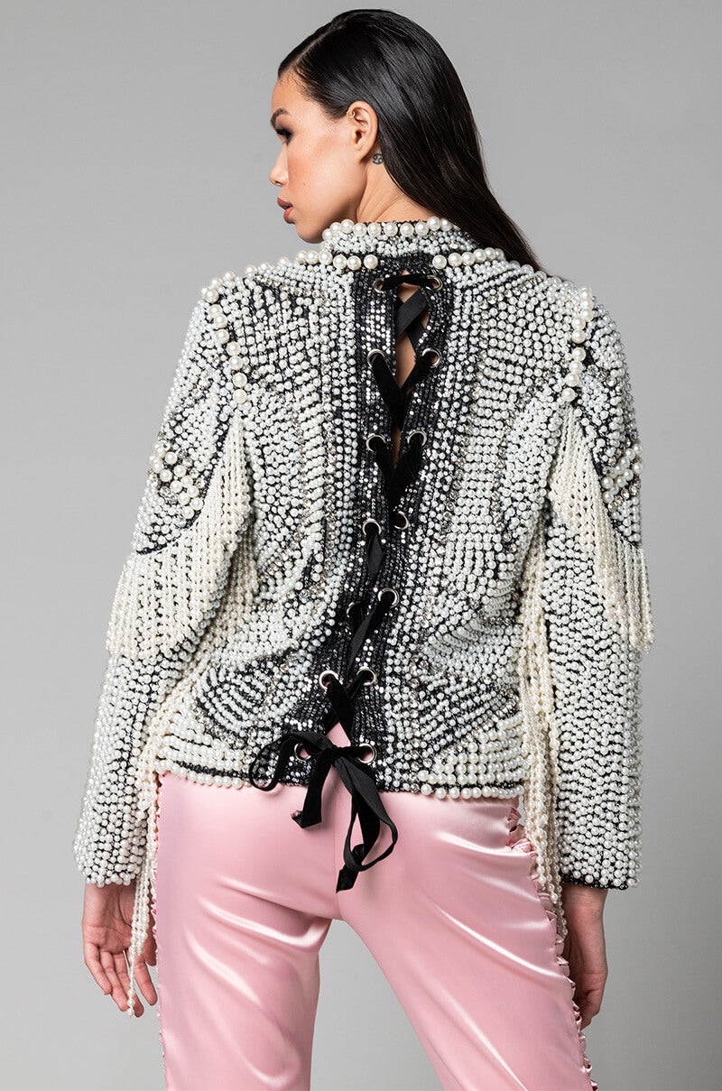 Detail View Luxe All Over Pearl Alix Jacket in Black Multi