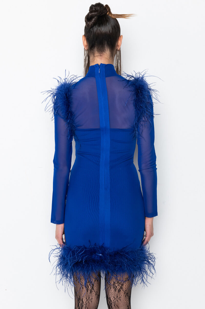 LUXE BANDAGE MESH DRESS WITH REAL FEATHERS ROYAL BLUE AKIRA LUXE BANDAGE MESH DRESS WITH REAL FEATHERS ROYAL BLUE AKIRA