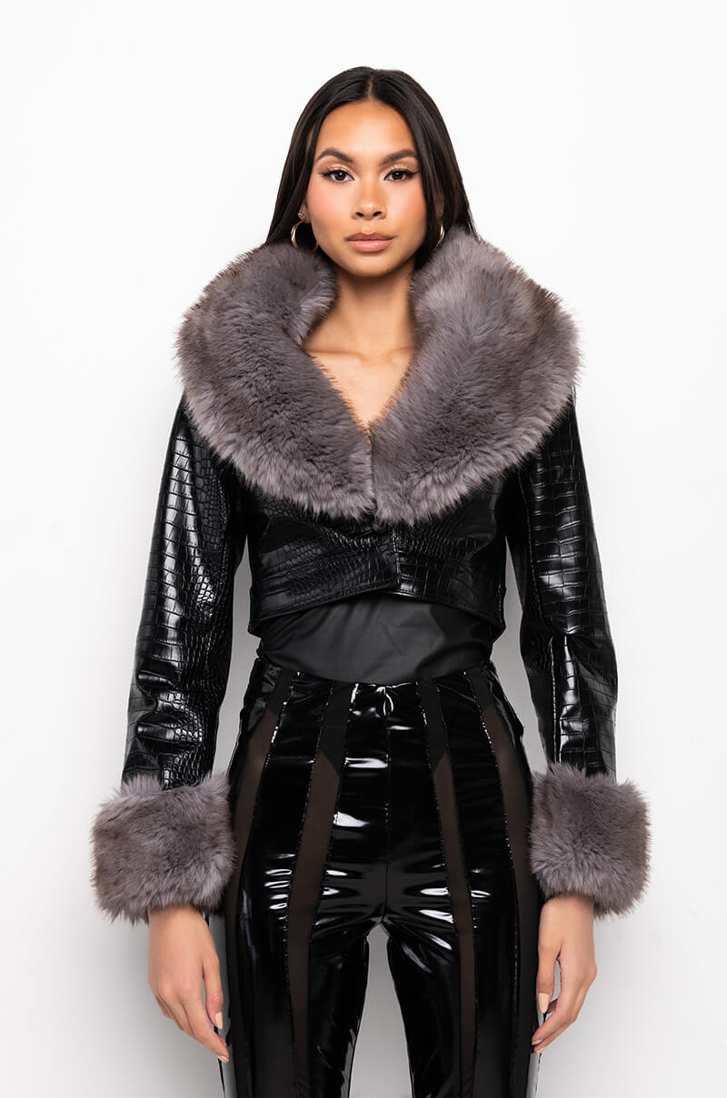 Detail View Luxe Gisele Crop Croc Moto Jacket