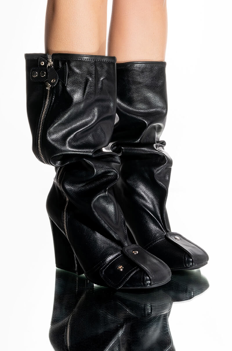 Front View Luxe In Love Knee High Chunky Boot In Black