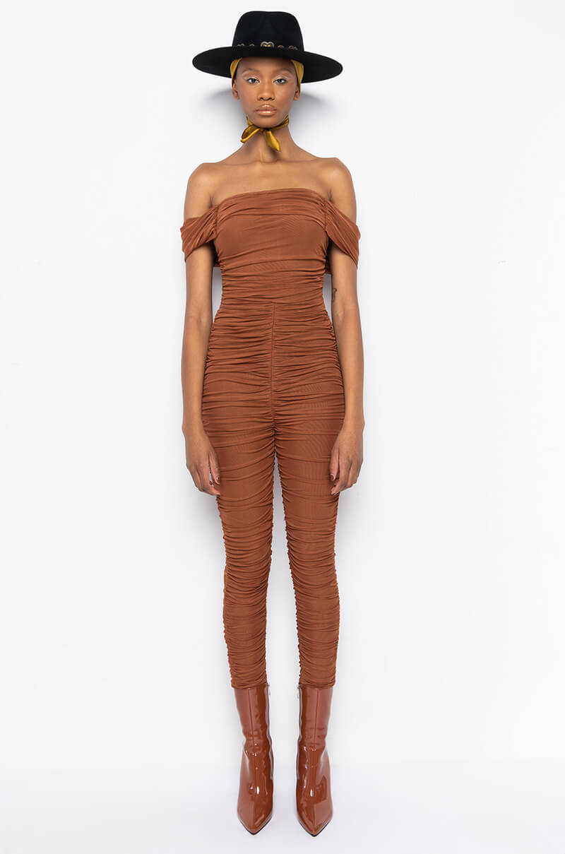 Back View Luxe Ruched Bandage Mesh Jumpsuit