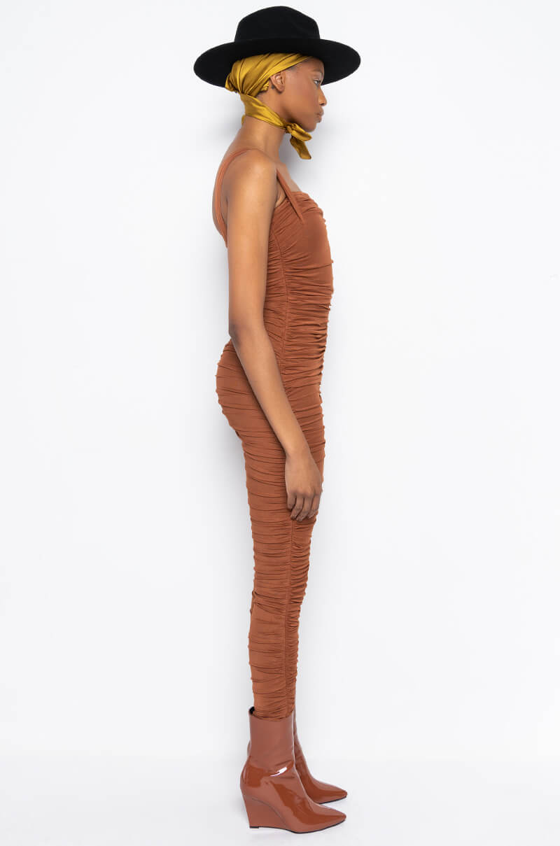 Full View Luxe Ruched Bandage Mesh Jumpsuit