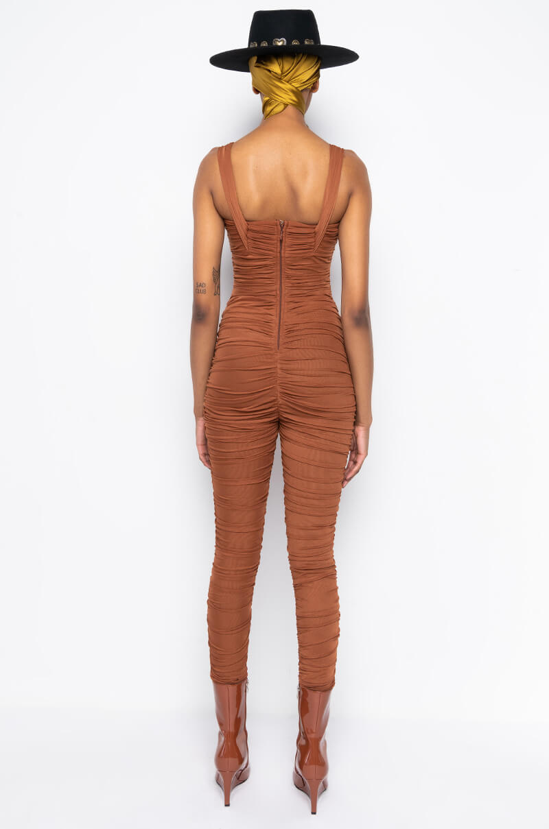 Extra View Luxe Ruched Bandage Mesh Jumpsuit
