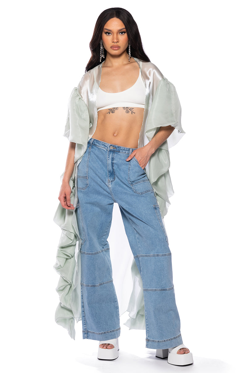 Front View Luxe Ruffle Sleeve Duster