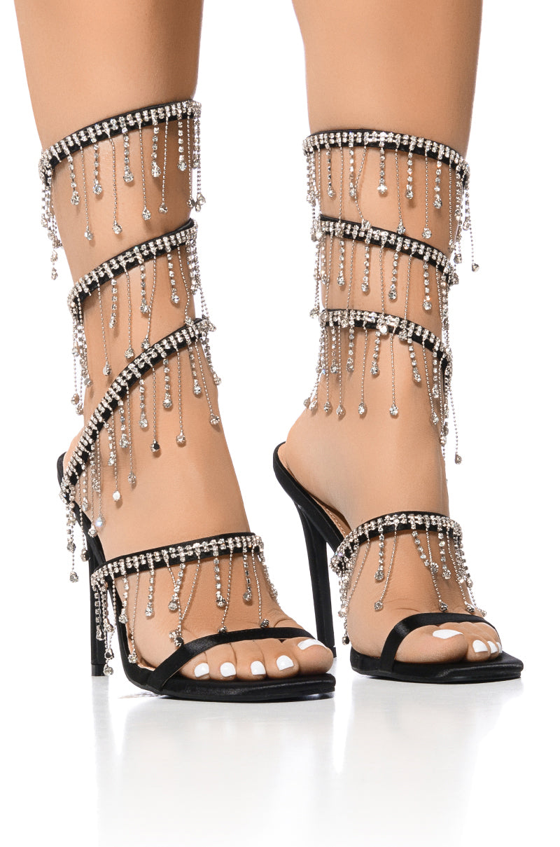 Front View Luxury Please Embellished Rhinestone Stiletto Sandal In Black