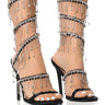 Front View Luxury Please Embellished Rhinestone Stiletto Sandal In Black