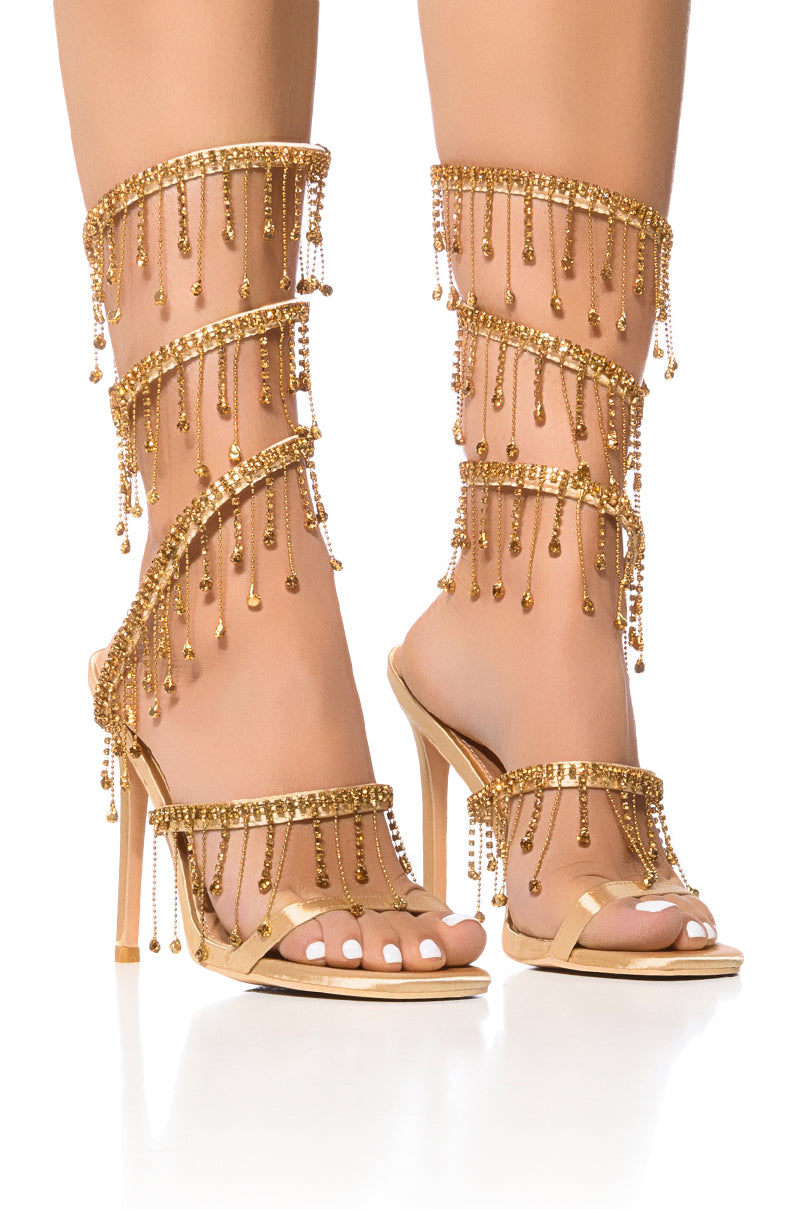 Front View Luxury Please Embellished Rhinestone Stiletto Sandal In Gold