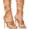 Front View Luxury Please Embellished Rhinestone Stiletto Sandal In Gold