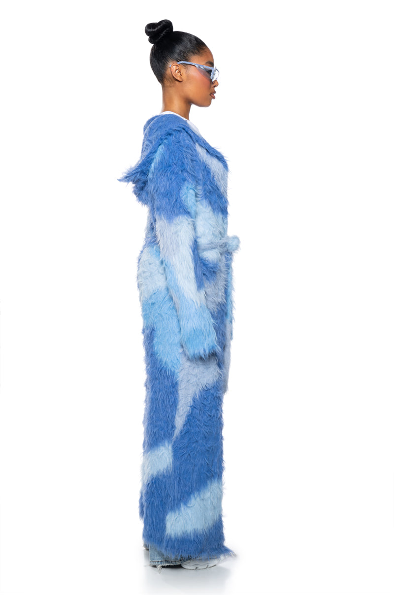 Back View Lyla Ultra Fuzzy Colorblock Hooded Cardigan