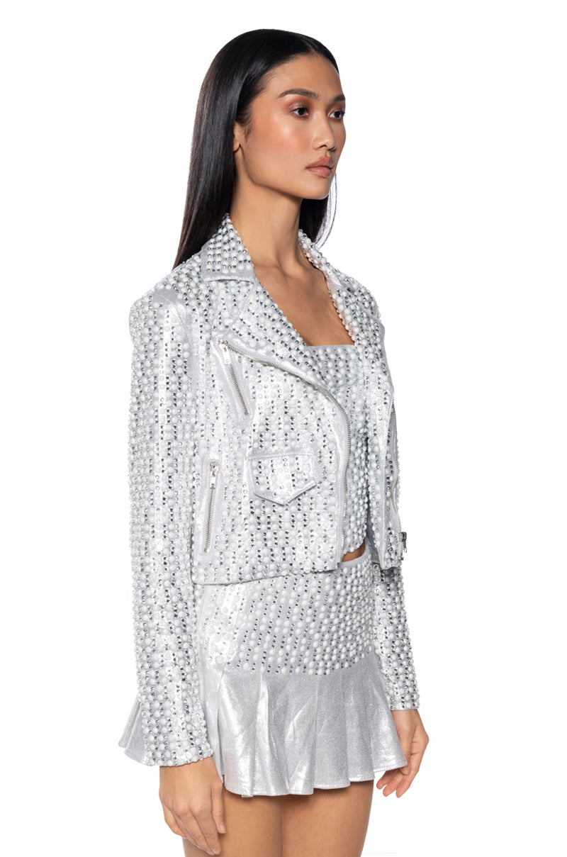 Side View Lynlee Pearl Embellished Sparkly Silver Moto Jacket