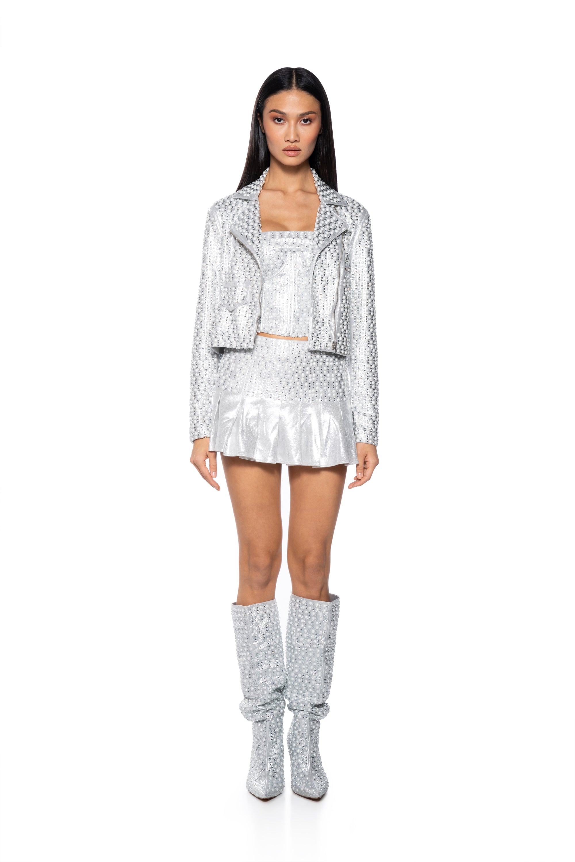 Extra View Lynlee Pearl Embellished Sparkly Silver Moto Jacket