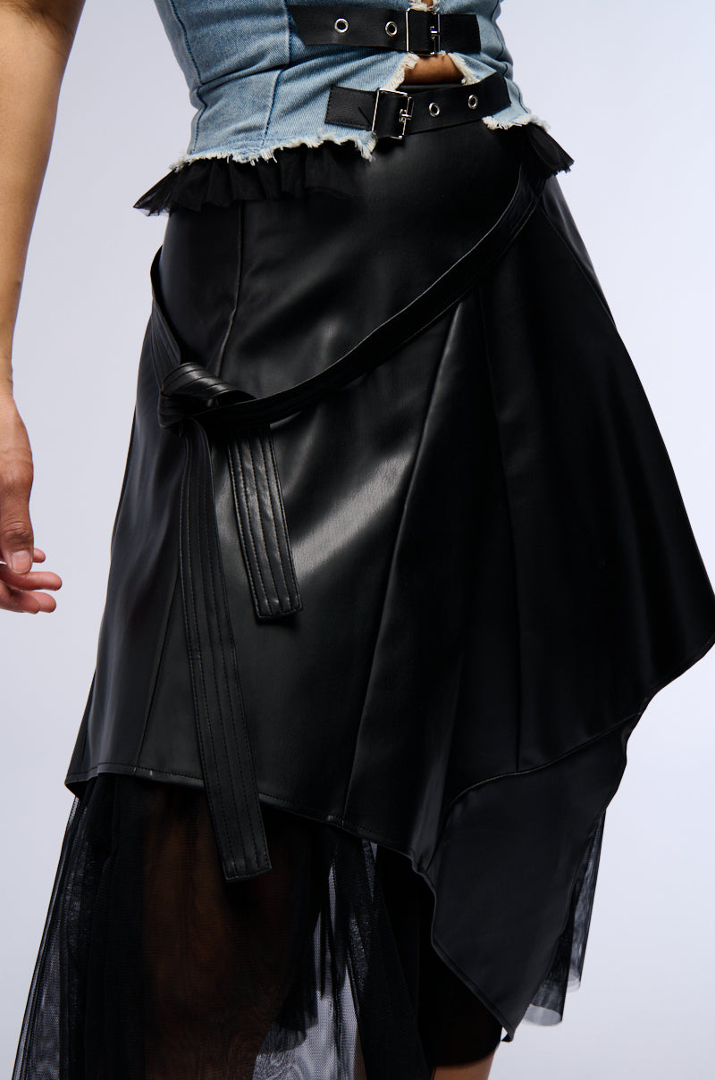 Extra View Lyra Asymmetrical Faux Leather Midi Skirt