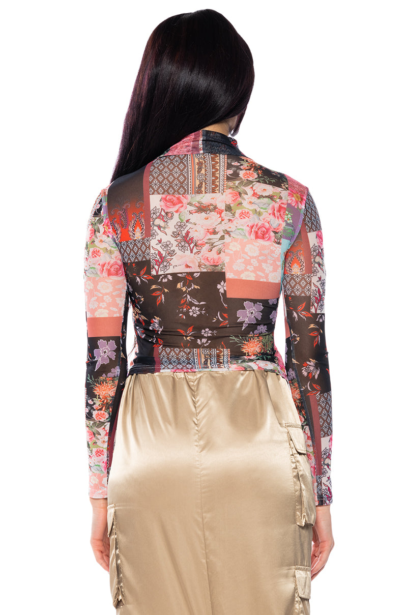 Back View Mable Patchwork Floral Print Mesh Turtleneck Top