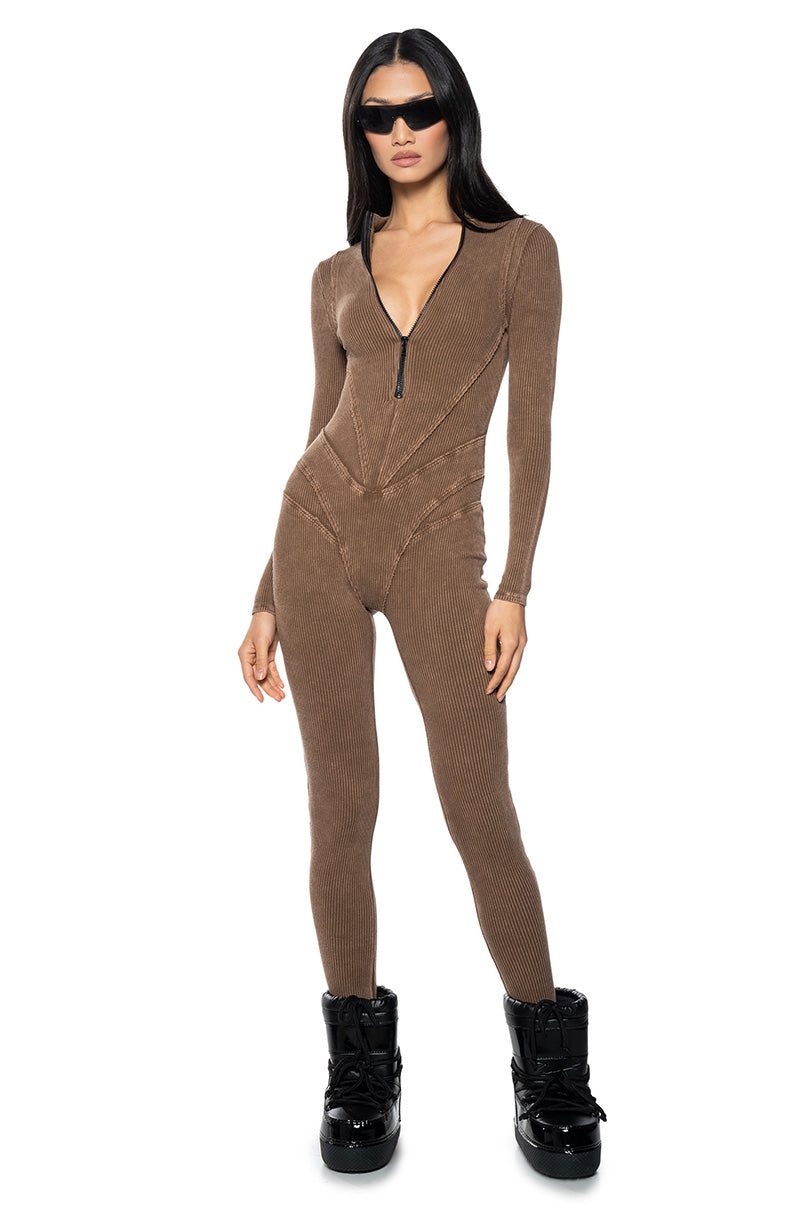 Front View Maddelyn Zip Front Long Sleeve Catsuit