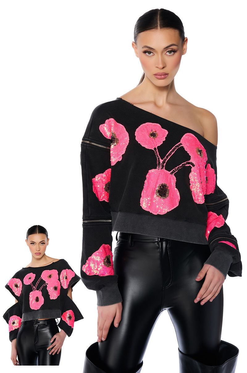 Front View Made You Look Oversized Sequin Sweatshirt
