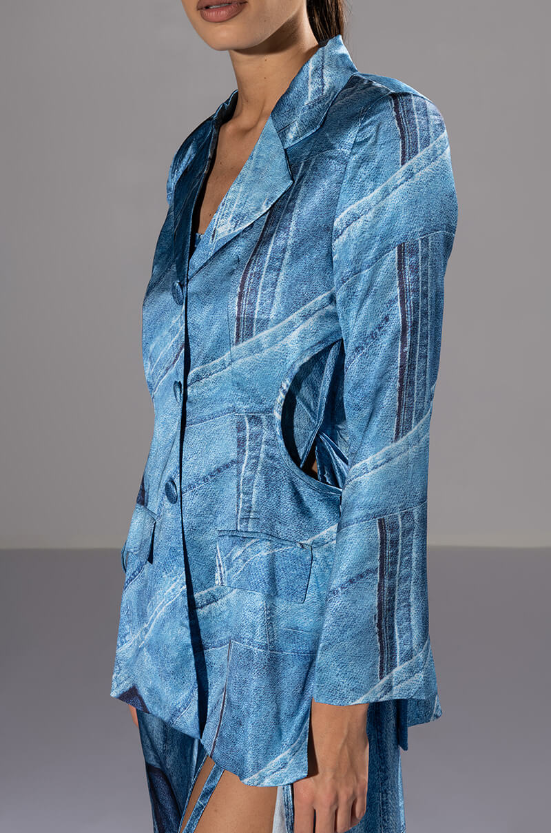 Extra View Made You Look Printed Midi Dress And Cutout Blazer Set