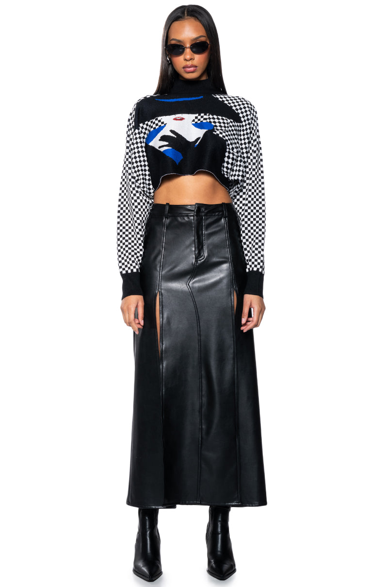Extra View Mademoiselle Noir Mock Neck Checkered Knit Sweater
