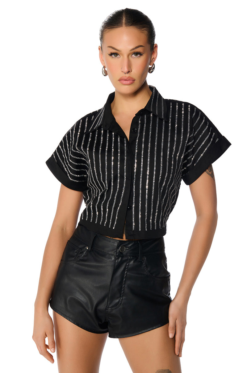 Front View Mafiosa Rhinestone Stripe Cropped Button Down 0