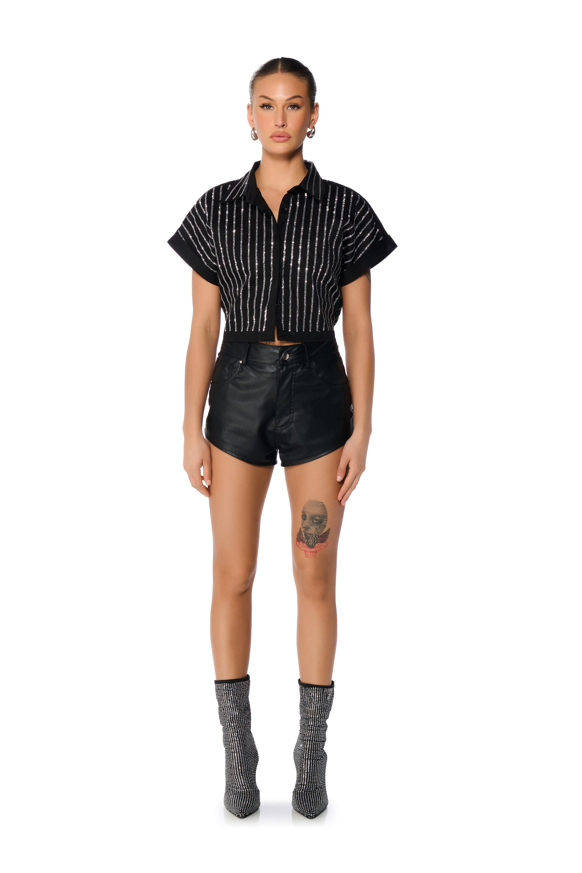 Extra View Mafiosa Rhinestone Stripe Cropped Button Down 5