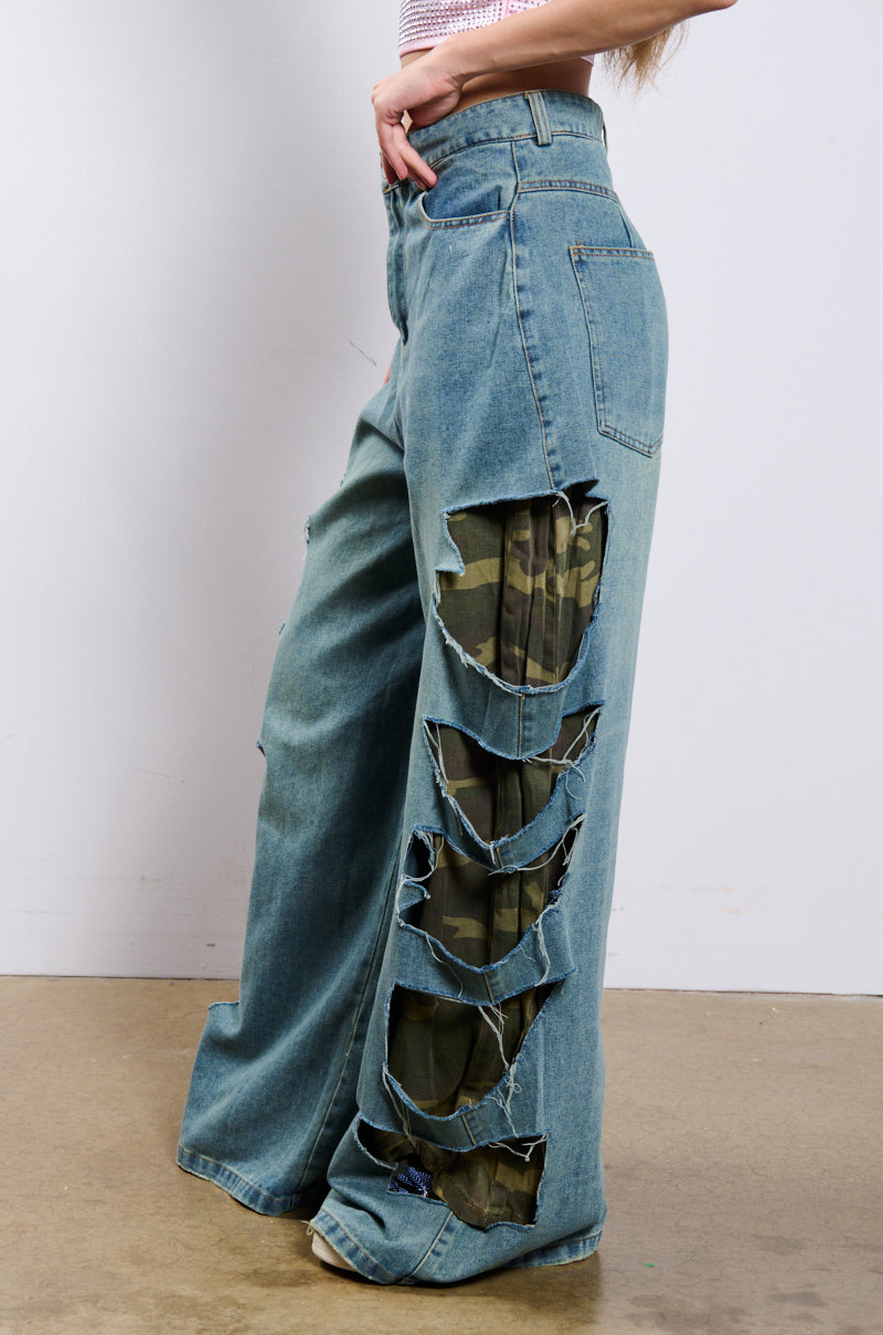 Back View Magdalena Oversized Distressed Camo Denim Pant