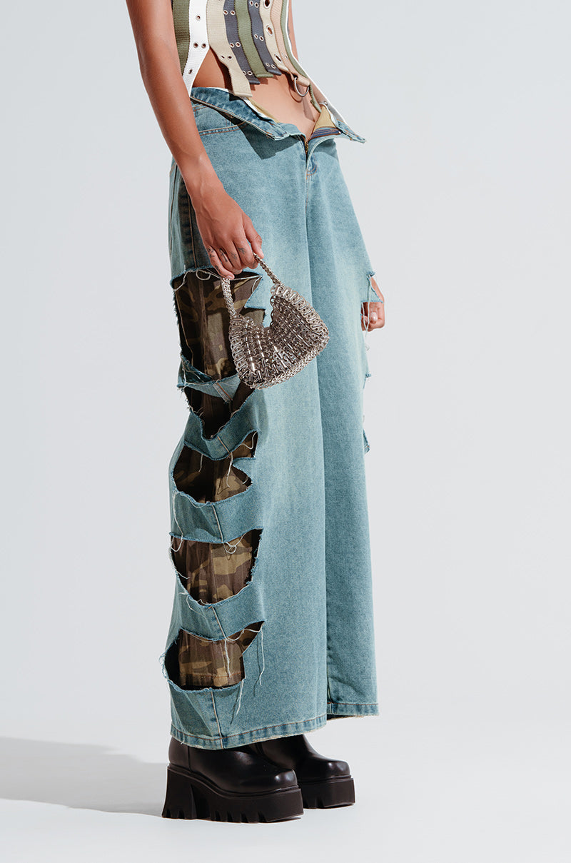 Extra View Magdalena Oversized Distressed Camo Denim Pant