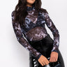 Front View Magic Dragons Long Sleeve Mock Neck Mesh Bodysuit in Black