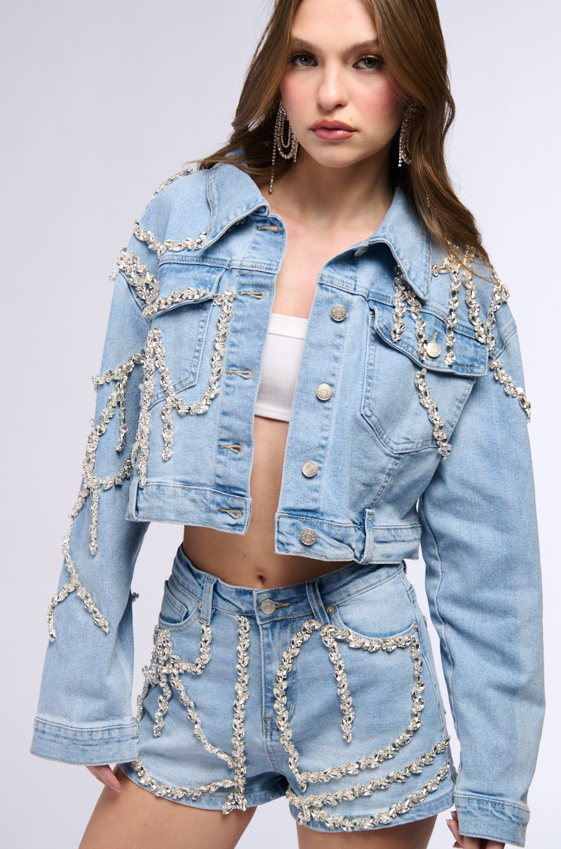 Silver Rhinestone Jacket MAKE A WISH RHINESTONE EMBELLISHED DENIM JACKET – AKIRA