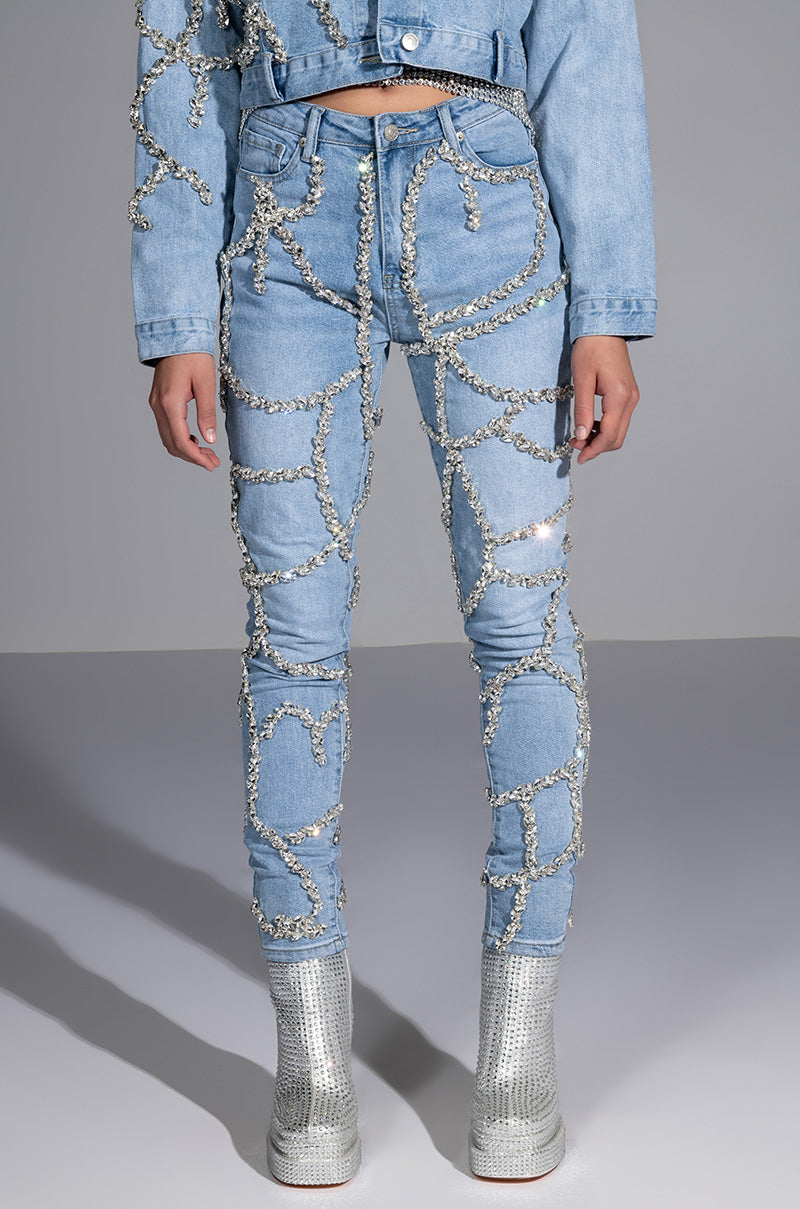 Front View Make A Wish Rhinestone High Waisted Skinny Jean