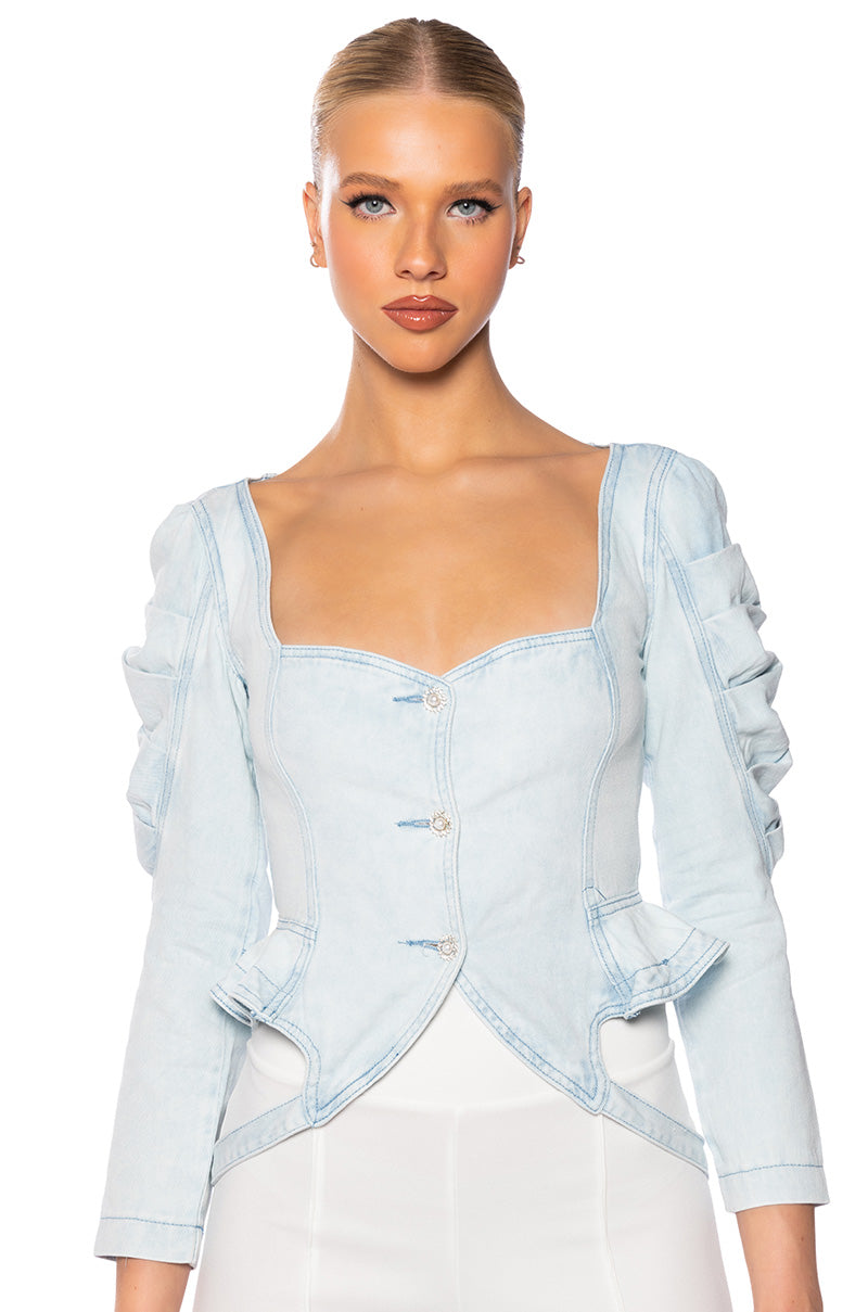 Front View Make It Blue Puff Sleeve Denim Jacket
