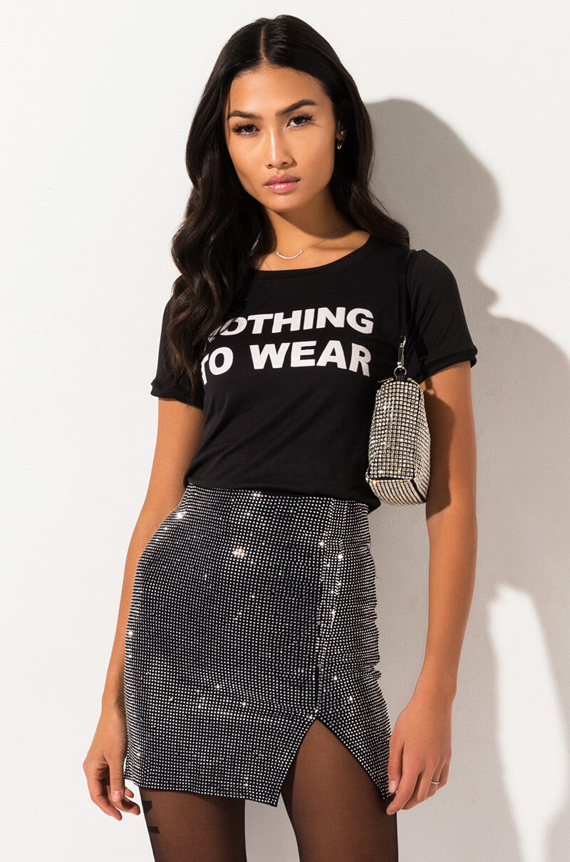Side View Make The World Stop Rhinestone Mini Skirt  in Black 5