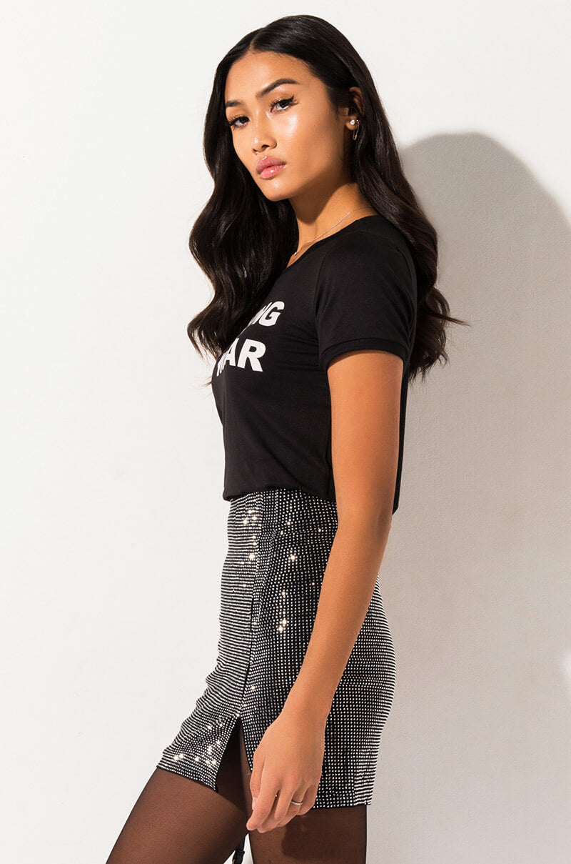 Back View Make The World Stop Rhinestone Mini Skirt  in Black 8